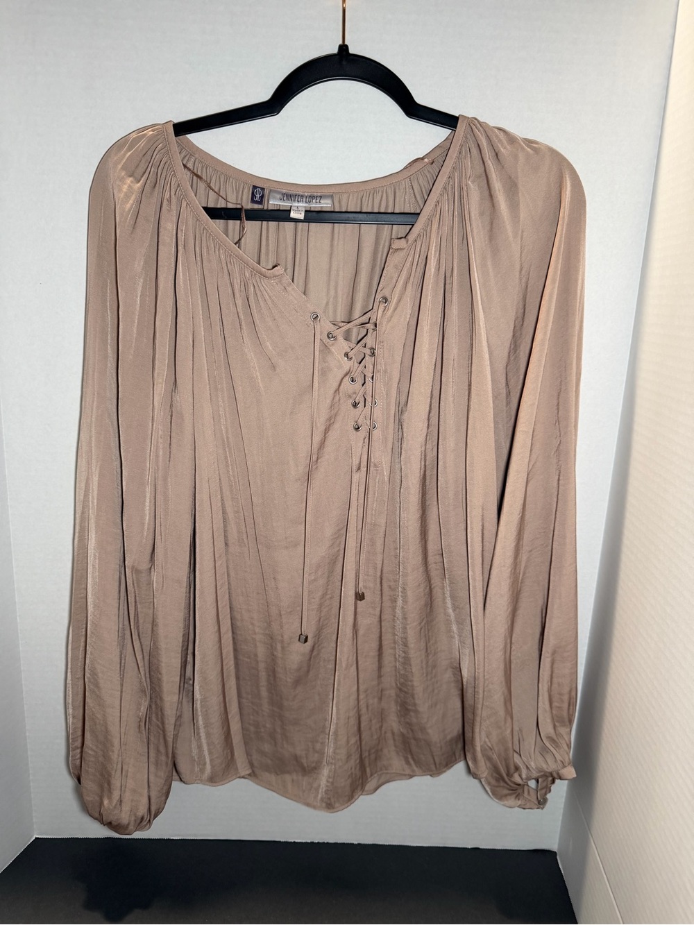 Jennifer Lopez Taupe‎ Lace-Up Peasant Top